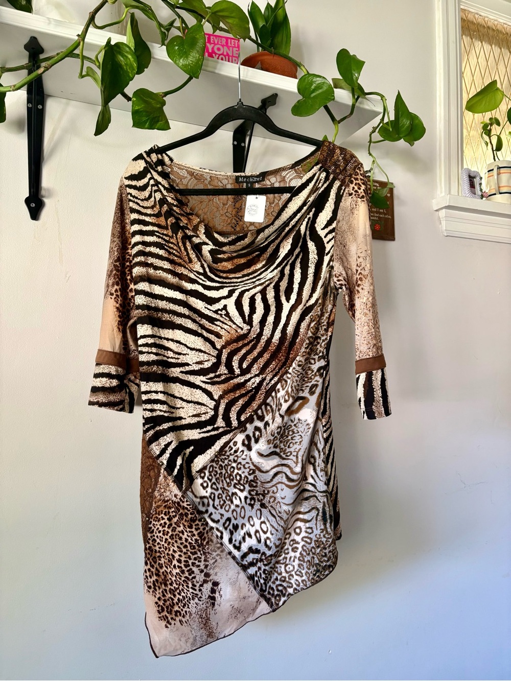 Asymmetrical Animal-Print Cowl Neck Tunic - Brown